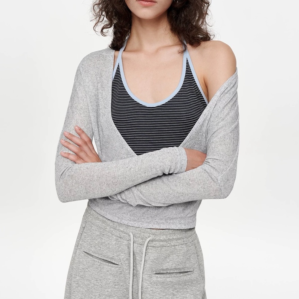 Stripped halter top + grey long sleeve shirt